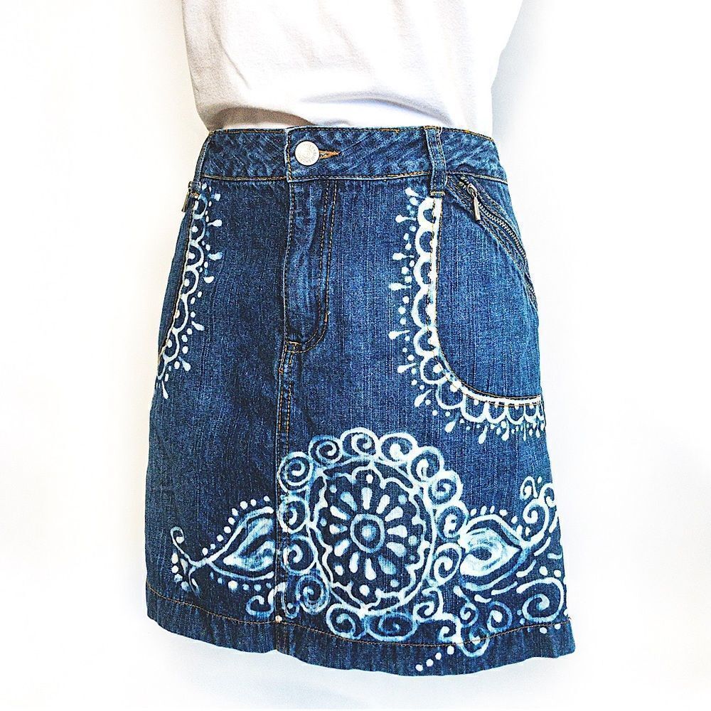 Artisan Upcycled Hand Embellished Bluejean Denim Skirt Sz 14.5 JR